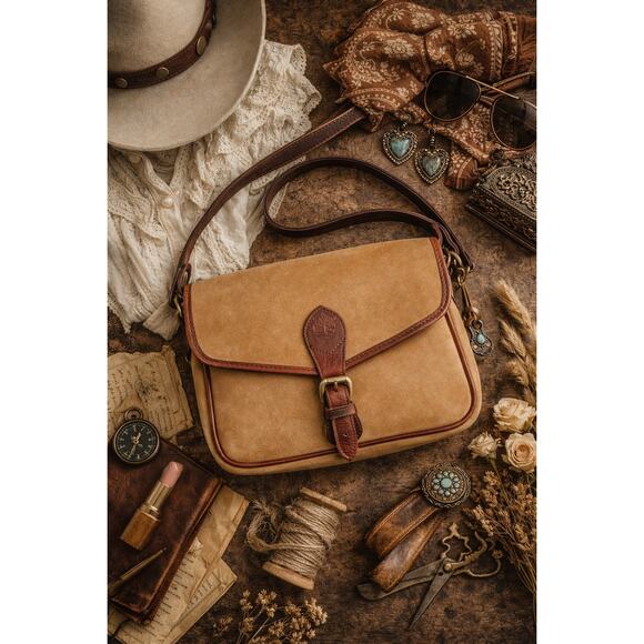 Western Timberland Crossbody | Camel Nubuck Leather Bag | Brass Hardware & Charm - Picture 7 of 16